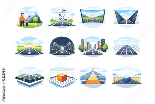 Perspective and depth infographic icons set with roads, grids, architecture and spatial diagrams