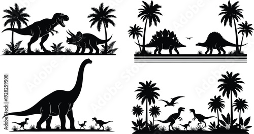 Dinosaur silhouettes in prehistoric landscapes with palm trees