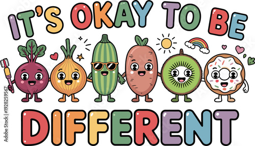 Diverse cartoon vegetables and donut celebrating individuality