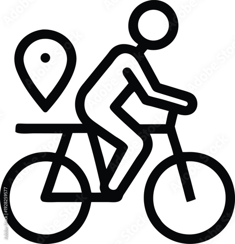 Outline icon of a person riding a bicycle with a prominent location pin indicating a destination