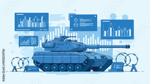 modern battle tank with analytics charts and barbed wire hand drawn vector illustration