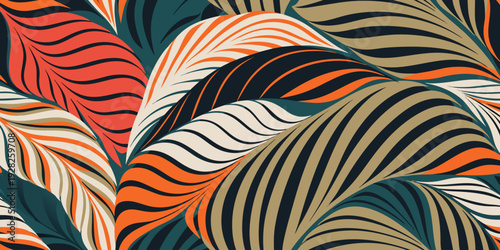 Stylized abstract leaves in a flowing, organic pattern with bold navy, orange, beige, and coral stripes and curves.
