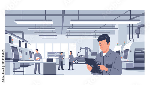 industrial factory workers using digital tablets in a modern manufacturing facility illustration