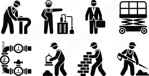 Construction worker icons, industrial tools, bricklaying, jackhammer operator, scissor lift platform, businessperson briefcase, pipe system, site inspection, vector silhouette design