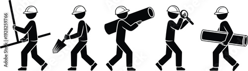 Construction worker icons, hard hat silhouettes, building tools, blueprint carrying figures, bricklaying trowel, inspection magnifying glass, engineering labor vector design