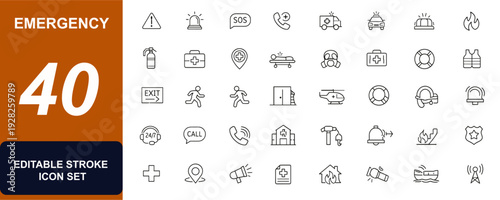 Emergency web icons in line style. SOS alert, ambulance service, emergency call, evacuation route, safety help, exit sign, hotline support, rescue set. Editable stroke. Vector illustration.