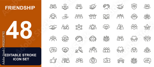 Friendship web icons in line style. Social connection, friendship bond, trust, mutual support, handshake, teamwork, love, community, buddy set. Editable stroke. Vector illustration.