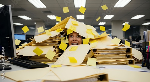 Employee buried under avalanche of sticky notes and folders overwhelmed expression peeking out bright office lighting conceptual visualization of workload pressure