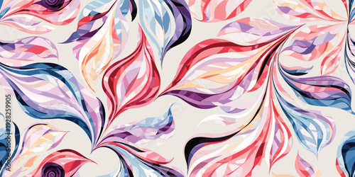 Abstract flowing floral pattern in vibrant magenta, purple, and blue hues, suggesting artistic movement and organic beauty for decor.