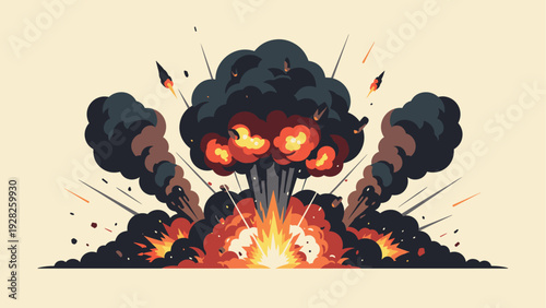 cartoon style explosion with fiery smoke and blast effects hand drawn illustration for action and comic designs