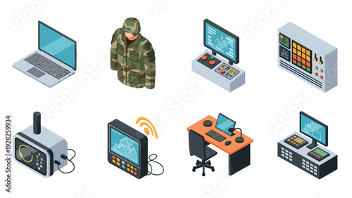 isometric military equipment and technology set including laptop camouflage jacket control panels and communication devices in flat style