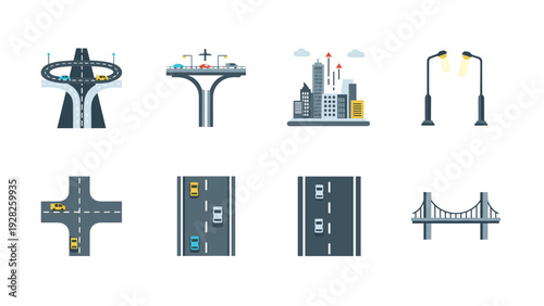 set of hand drawn urban street road elements and city infrastructure icons including bridges crosswalks and street lights