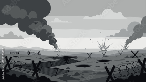 black and white hand drawn war battlefield with trenches explosions and barbed wire