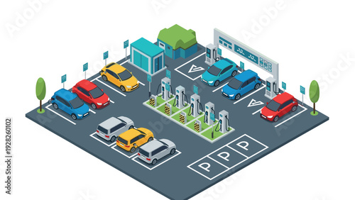 isometric electric vehicle charging station with multiple cars and charging units urban parking lot