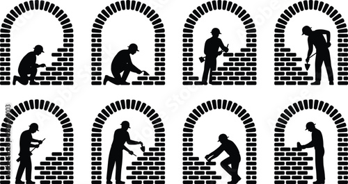 Construction worker silhouettes, brick wall building, step by step process, masonry, craftsmanship, labor, industry, tools, teamwork, site, architecture, work