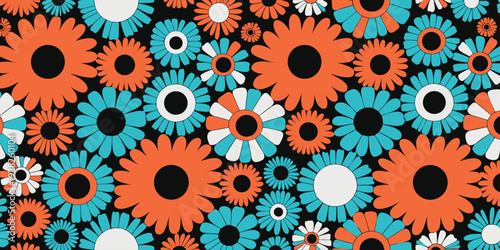Retro flower pattern in a striking color palette of orange, teal, and white against a black background, reminiscent of 1960s style.