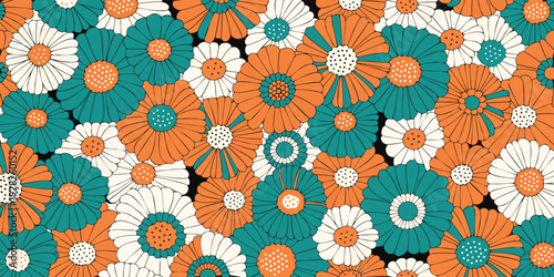 Mid-century modern floral pattern in teal, orange, and white on black, offering a retro yet timeless aesthetic for graphic design.