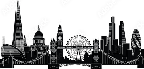 Detailed London city skyline silhouette with The Shard St Paul's Cathedral Tower Bridge and London Eye urban landscape vector illustration