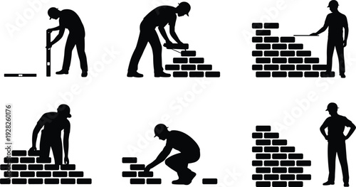 Construction worker silhouettes, brick wall building, step by step stages, masonry, foundation, labor, craftsmanship, teamwork, industry, site, tools, process