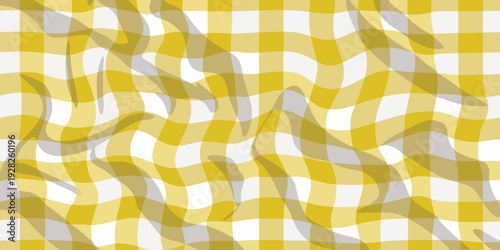Distorted yellow and white gingham pattern with abstract wavy overlays, creating a surreal and hypnotic visual effect for backgrounds.