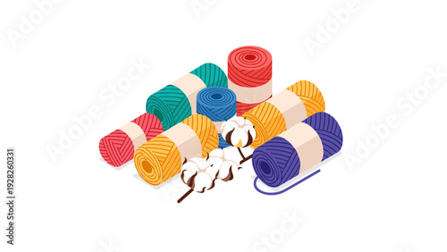 colorful yarn balls with cotton flower hand drawn illustration for knitting and crafting hobby