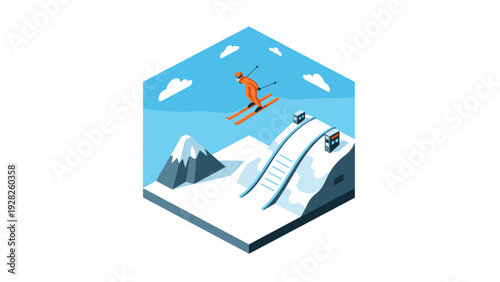 ski jumper in orange suit jumping from ski ramp in isometric winter sports scene