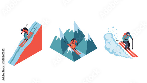 three hand drawn ski sport scenes with skier on slope mountain and snow powder in flat style