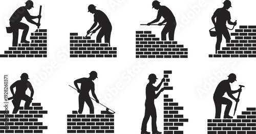 Construction worker silhouettes, bricklaying, masonry, mortar, trowel, hammer, carrying bricks, building wall, teamwork, labor, industry, site, tools, process, work