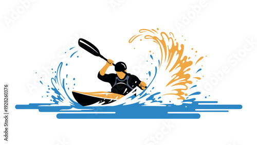 kayaking man splashing water dynamic colorful vector illustration