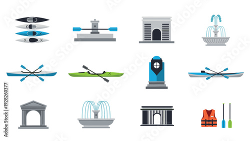 set of hand drawn kayaking elements and park monuments collection