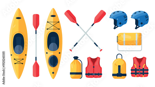 set of yellow kayaks with paddles helmets life jackets and waterproof bags in flat style