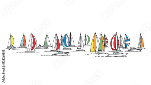 various sailboats and yachts with colorful sails hand drawn line art illustration for nautical and marine themes