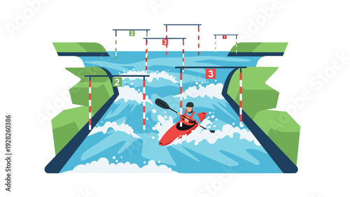 kayaker paddling in whitewater rafting course with gates hand drawn illustration