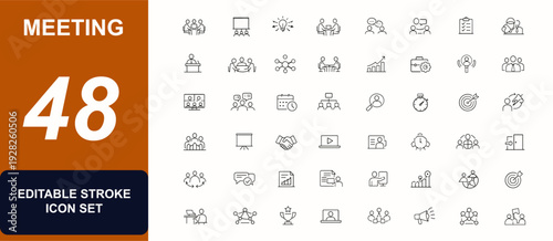 Meeting web icon set in line style. Team meeting, business conference, brainstorming, seminar, interview, workplace communication, people set. Editable stroke. Vector illustration.