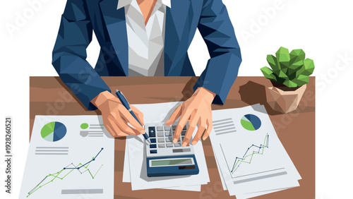 business person calculating financial data with calculator and charts on table in low poly style