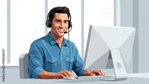 man wearing headset working on computer flat geometric illustration for customer support or office work concept