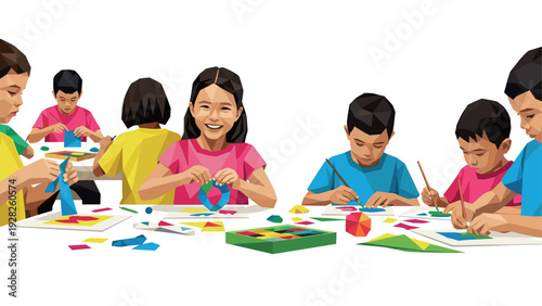 children doing art and craft activities colorful hand drawn digital illustration of kids creating paper crafts in a classroom setting