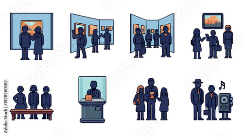 hand drawn set of people visiting and observing art gallery paintings sculptures and exhibits