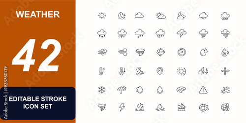 Weather web icons in line style. Forecast symbols, cloudy sky, sun and moon, snowflake, wind flow, rainy weather, climate, meteorology set. Editable stroke. Vector illustration.