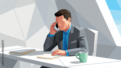 businessman talking on the phone in a modern office setting low poly style