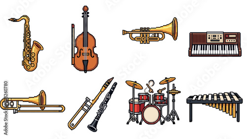 set of hand drawn musical instruments icons with saxophone violin trumpet keyboard trombone clarinet drums and xylophone