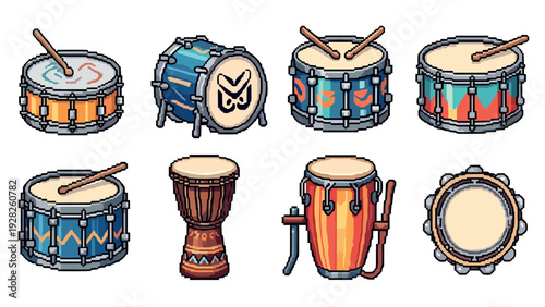 set of pixel art drums and percussion instruments hand drawn icons collection