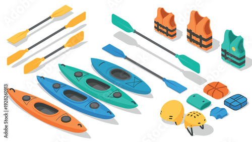set of colorful kayaks paddles life jackets helmets and safety gear in isometric style