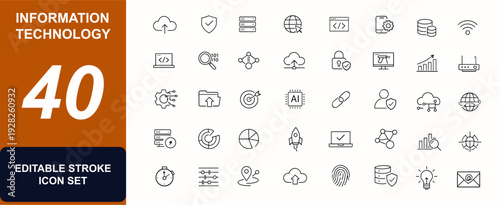 Information Technology web icon set in line style. Software, cloud, server, network security, web design, data, internet, computer progress. Editable stroke. Vector illustration.