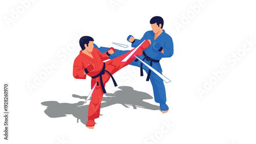two martial artists sparring with high kicks in colorful gi outfits hand drawn illustration