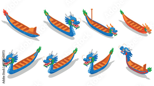 set of hand drawn colorful dragon boats in isometric style traditional watercraft collection