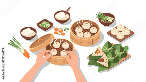 steaming dim sum dumplings and sticky rice wrapped in leaves with fresh ingredients hand drawn vector illustration