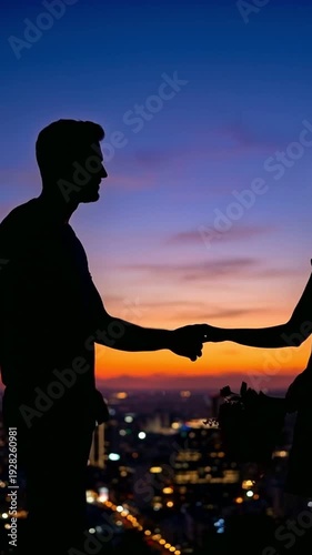 Atmospheric motion graphics capturing a touching moment between lovers. Against the backdrop of a picturesque sunset and the twinkling lights of an evening metropolis