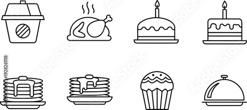 Food and Bakery Icons Set with Roast Chicken Cakes Pancakes Coffee and Serving Tray