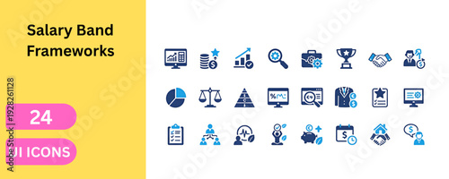 Salary band design and corporate financial reward icons. Growth chart, money, gear, monitor, professional suit, wellness, checklist, trophy, deal